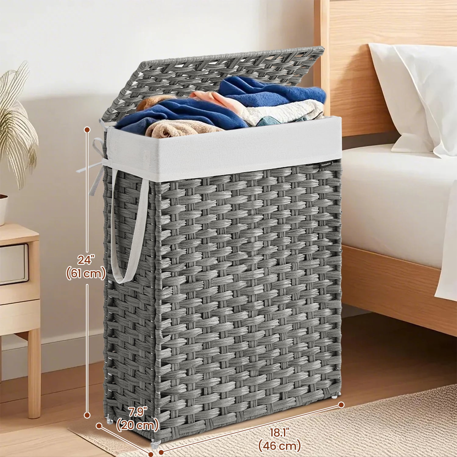 LEDREM 14.5-Gallon Slim Laundry Hamper with Lid, Rattan Clothes Basket with Removable Liner & Handles, Foldable, Space-Saving, Dove Gray