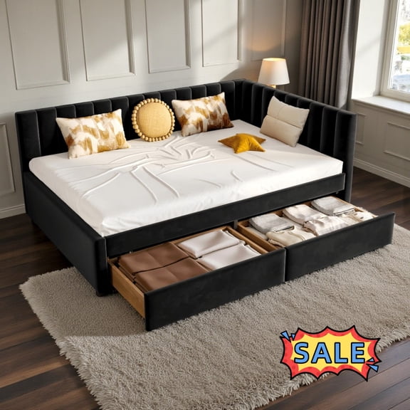 Tcbosik Full Size Corner Upholstered Daybed with 2 Drawers, L-Shaped Sofa Bed for Small Space, No Box Spring Needed, Black