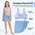 thumbnail image 6 of Girls 3 Piece Girls Swimsuit Floral Bikini Swimwear with Wide Strap V Neck Top Triangle Bottom and Mesh Cover Skirt, Blue, 6 of 11