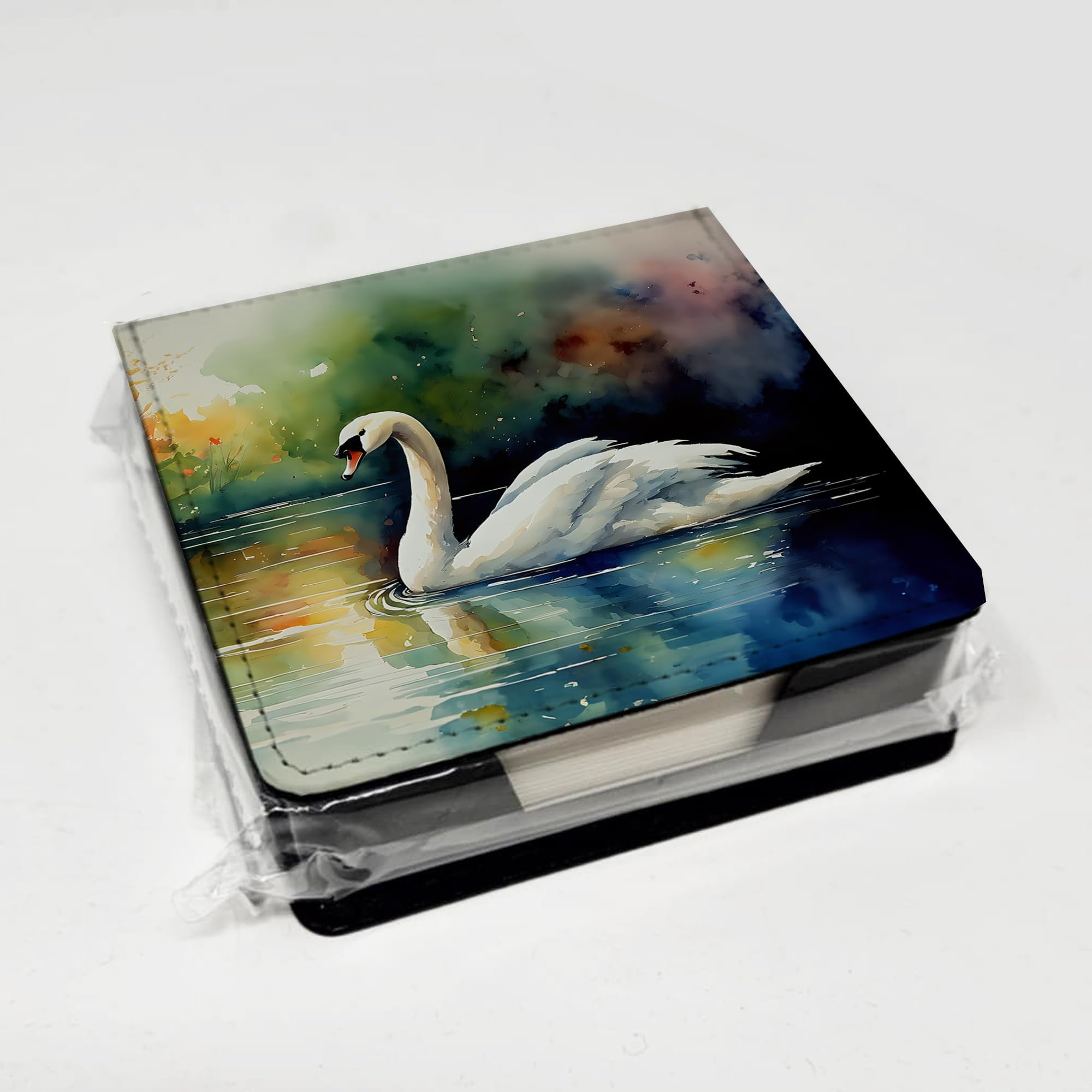 Caroline's Treasures Swan PU Leather Note Paper Holder with Artist-Designed Cover, Desk Accessory, Office Gift