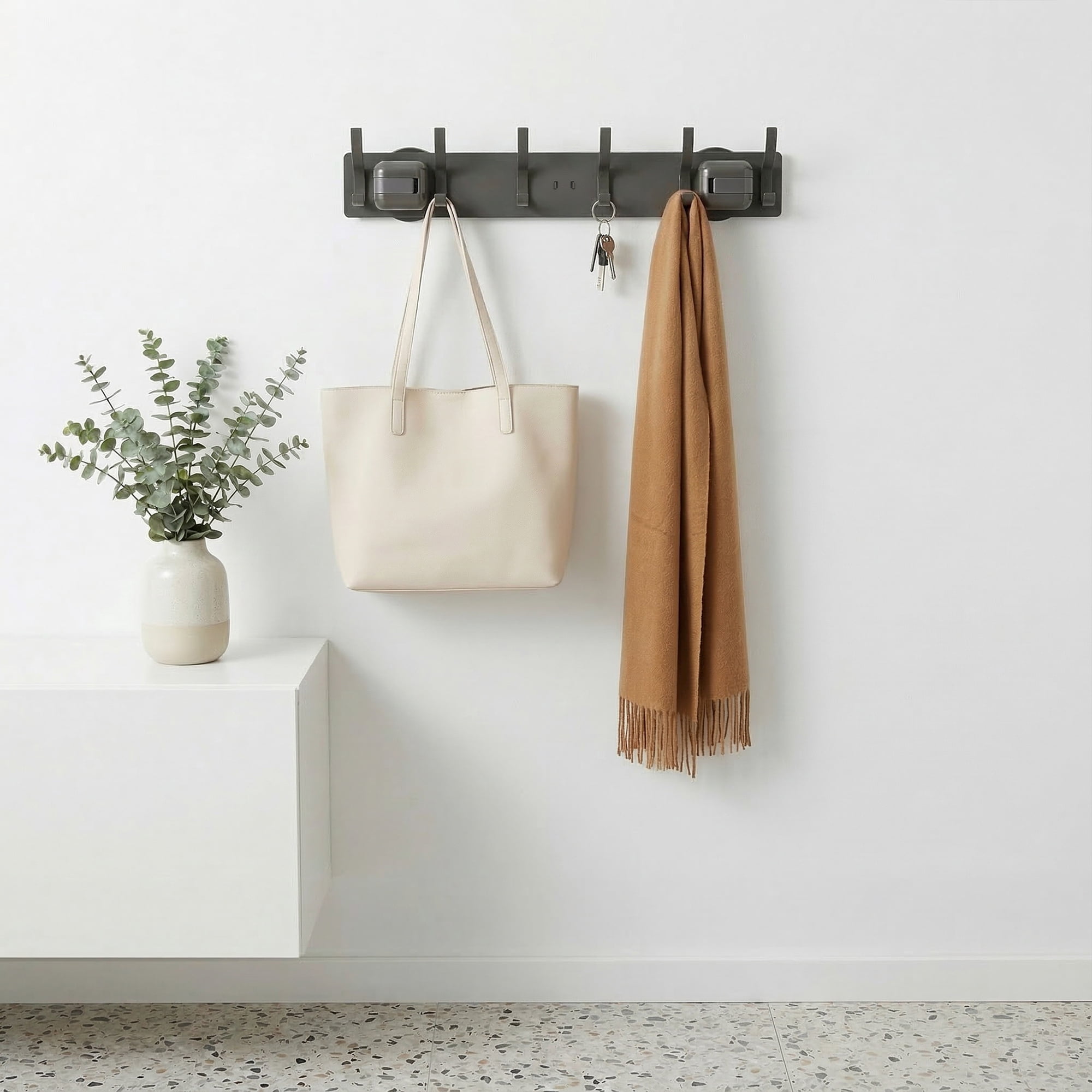 Unique Bargains Coat Rack Wall Mount Metal Suction Round 6 Hooks Rack gray 16.1"x2.4"