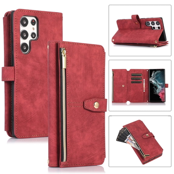 Crossbody Wallet Case for Samsung Galaxy S22 Ultra with RFID Blocking Card Slot Holder, Magnetic Flip Folio Purse Case, PU Leather Zipper Handbag with Detachable Lanyard Strap Phone Case,Red