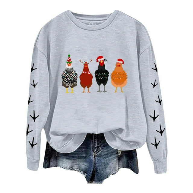 WEAIXIMIUNG Chandail en Molleton Court Grande Taille Noël Oversize Femmes Manches Longues Col Rond Chandails en Molleton Imprimé Poulet Léger Ample Haut