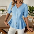 thumbnail image 2 of Ashirexll Tops for Women Trendy Fashion Casual Solid Color V-Neck Buttoned Short Sleeve Top for Spring, 2 of 7