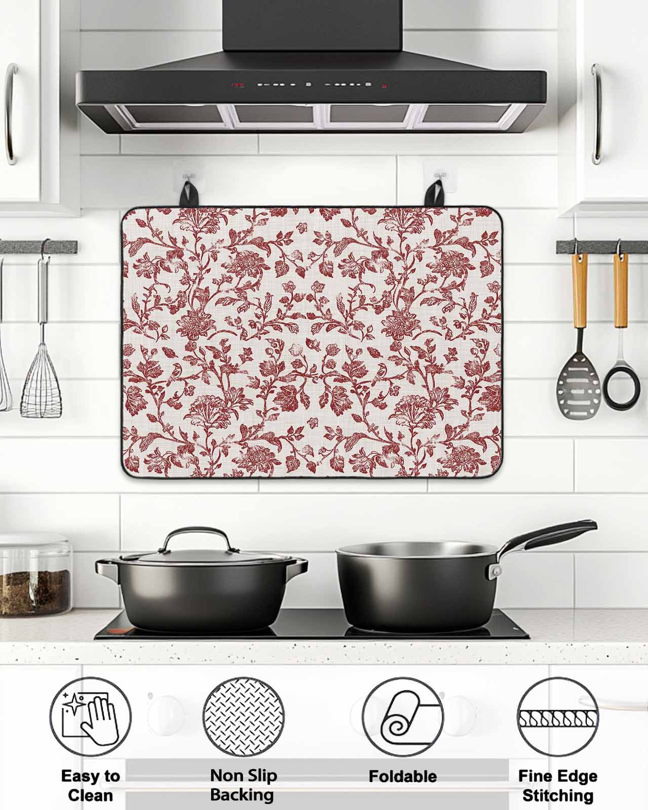 Stove Top Covers for Electric Stove, Farmhouse Red Glass Stovetop Cover Protector, Vintage Flower Leaf Botanical Plant Induction Cooktop Protector Oven Mat for Kitchen Countertop 31"x24"