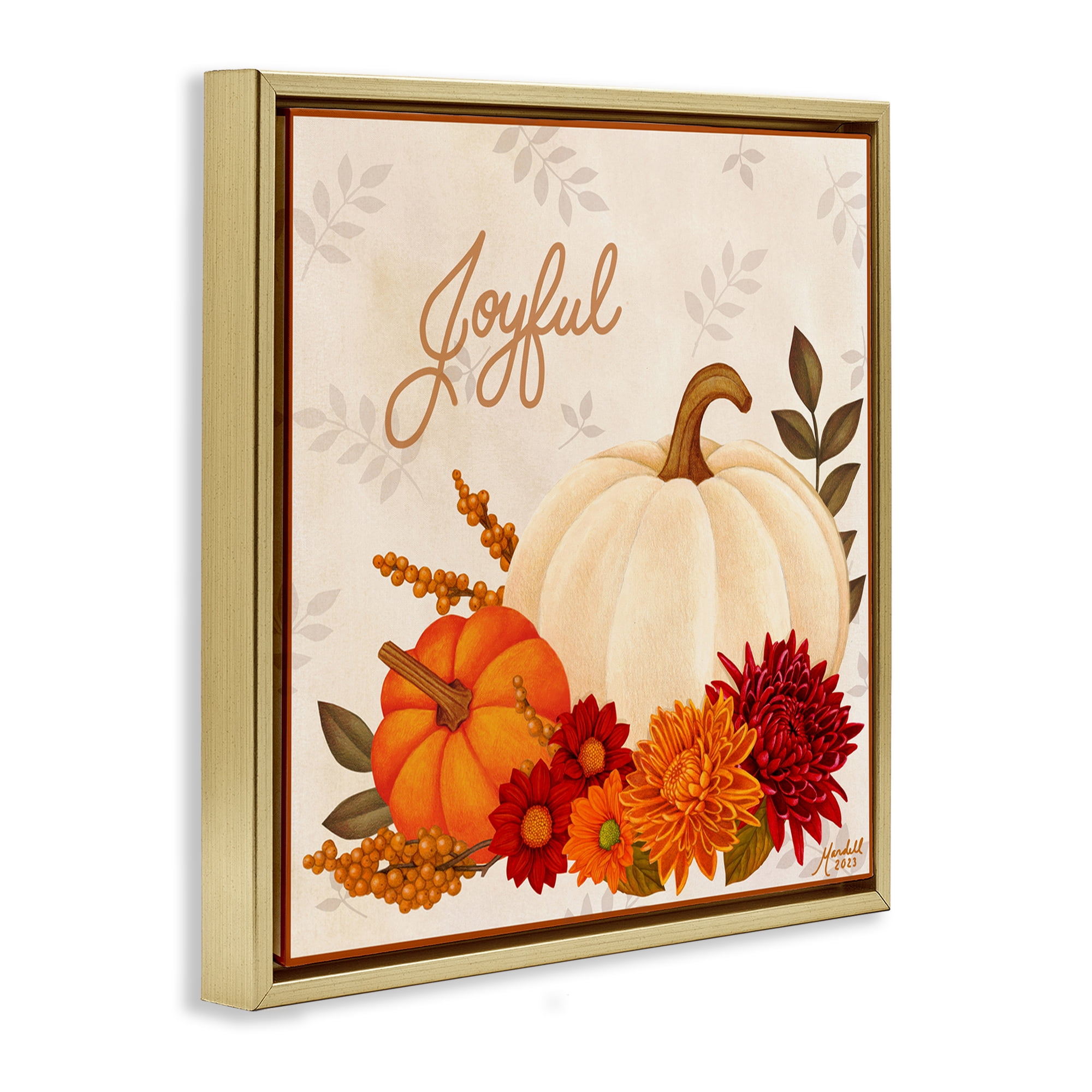 Stupell Industries Joyful Floral Pumpkins Holiday Painting Gold Floater Framed Canvas Art Prints Wall Art, 25 x 25