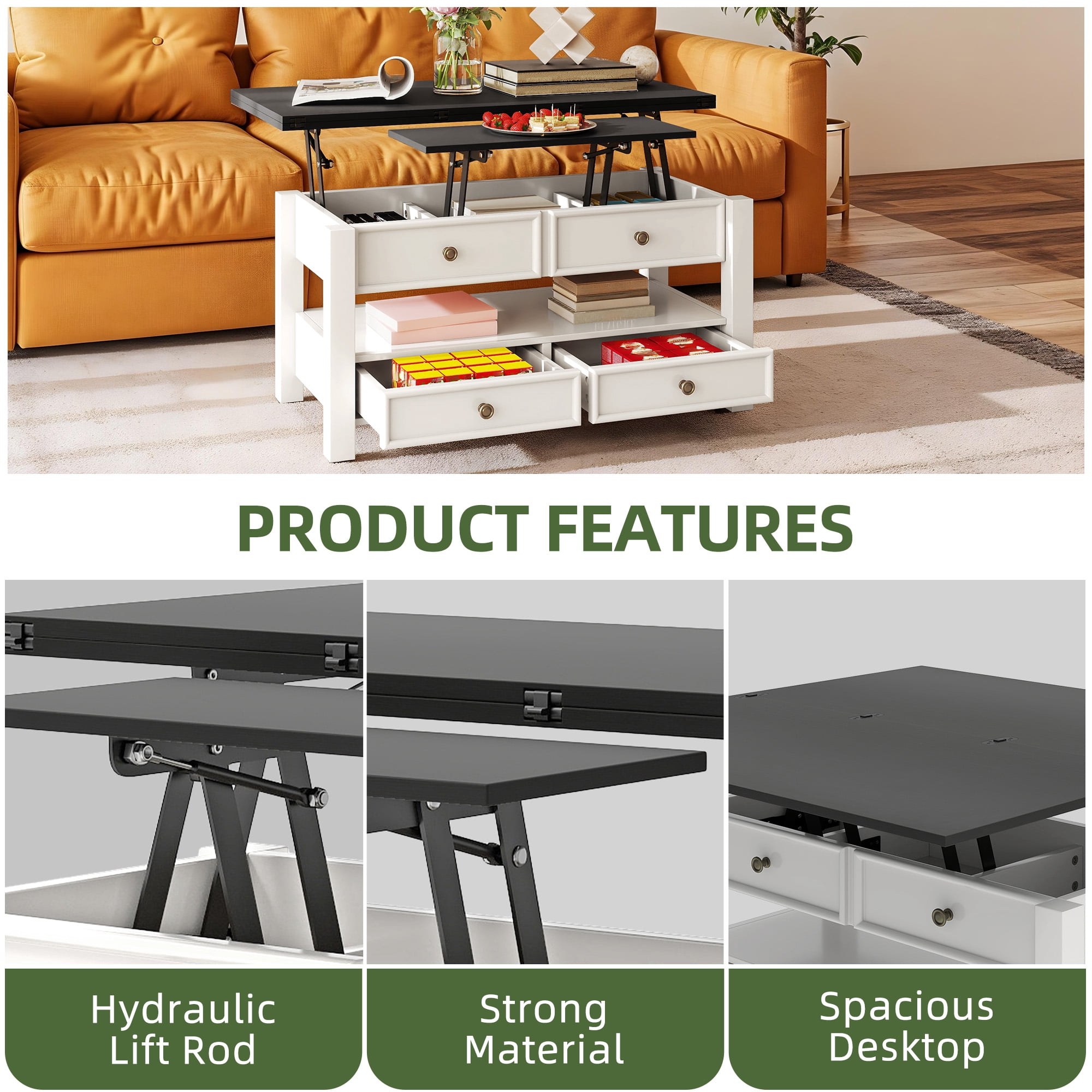 Uforic Tea Table with Lift-Top Design, Hidden Storage & Drawers for Living Room & Home Office, Beige & Black