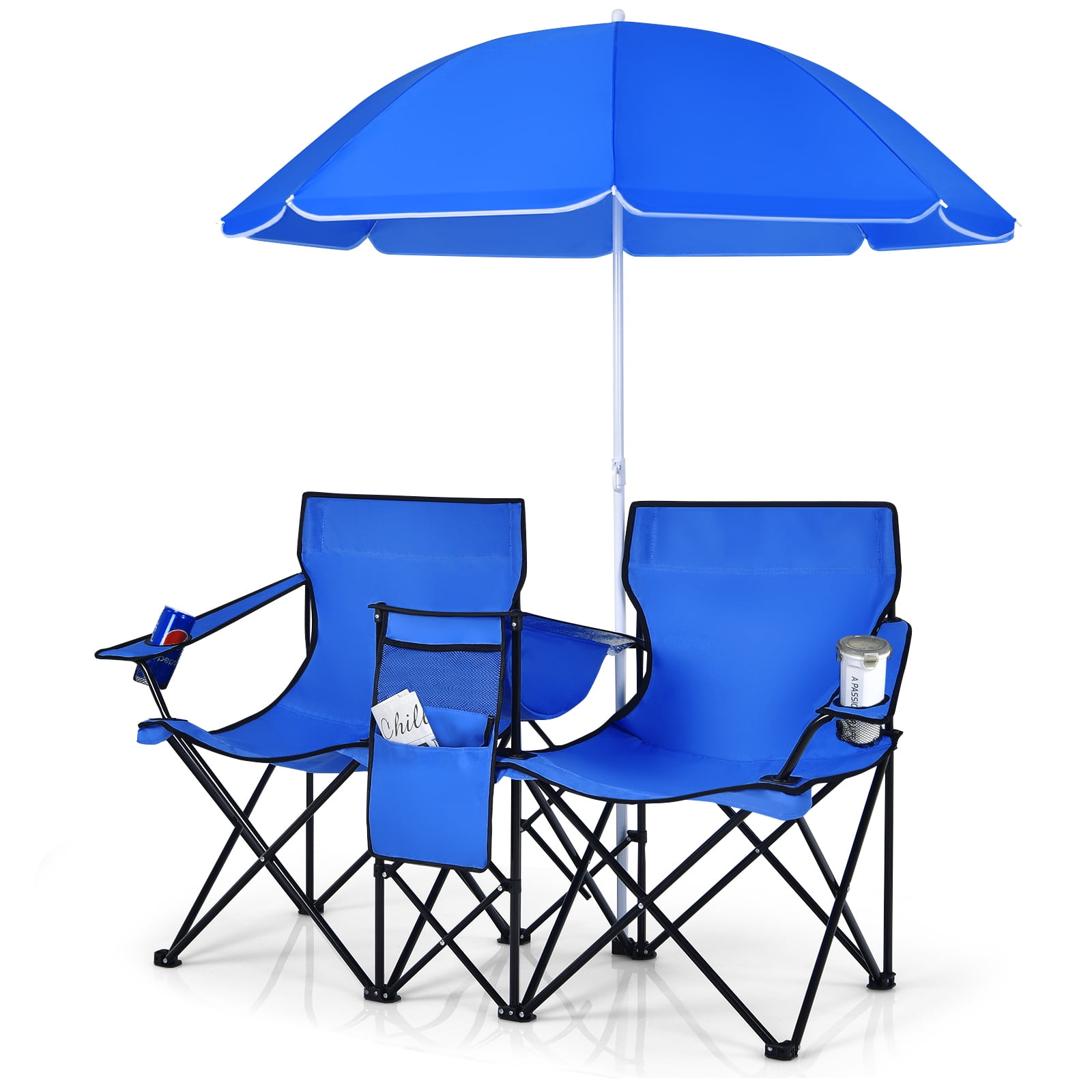 Portable Outdoor Double Folding Chair with Removable Sun Umbrella Picnic Camping 