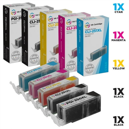 - LD © Compatible Canon Set of 5 PGI-250XL & CLI-251XL High Yield Inkjet Cartridges: 1 Pigment Black, 1 Black 1 Cyan, 1 Magenta, 1 Yellow
