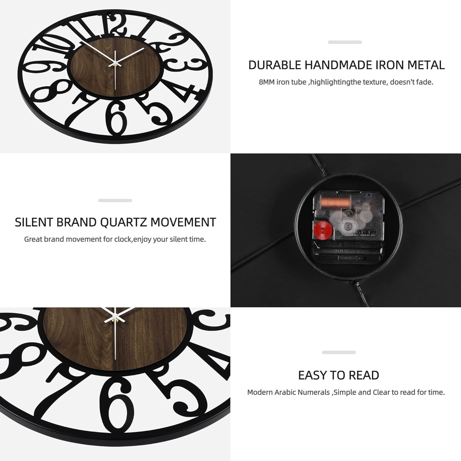 Large Round Wall Clock for Living Room Decor Battery Operated Non Ticking Black Metal Wood Clocks for Home Living Room Garden Farmhouse Office Kitchen Decoration -24 inch