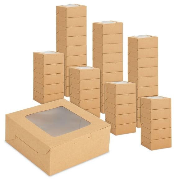 50 Pack 6x6 Dessert Boxes with Window, Bulk Bakery Containers for Cookies, Cupcakes (Kraft Paper)