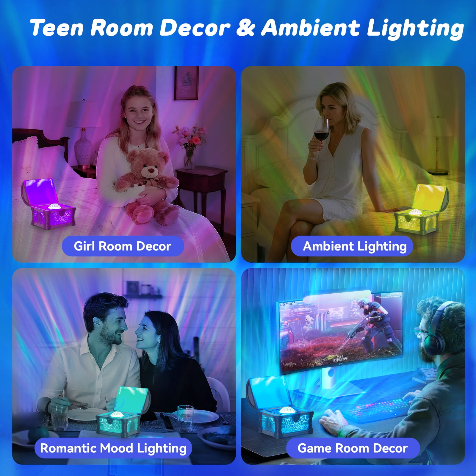 Northern Lights Projector, 7 Colors Treasure Chest Night Light Aurora Lights Projector with 8 Effects & Remote, Dimmable Galaxy Light Ambient Lighting for Bedroom, Gifts for Kids Teen Women