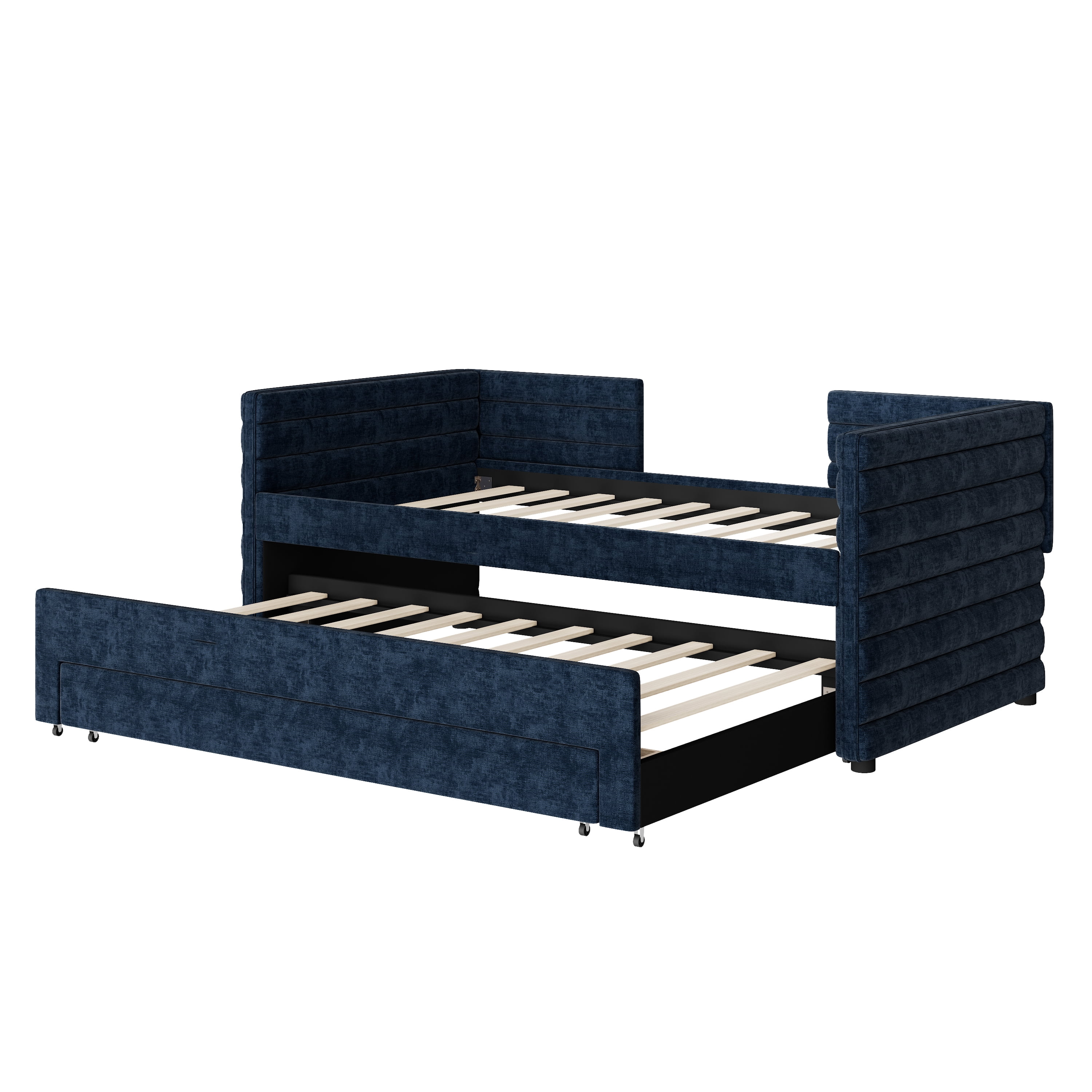 MAYEERTY Twin Upholstered Daybed Trundle 3 Drawers Chenille Sofa Bed for Guest Room Living Room Dark Blue