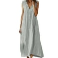 thumbnail image 2 of SMihono Women Summer Cotton Linen Sleeveless Long Dress Casual Button V Neck Beach Flowy Swing Loose Shift Sun Maxi Dresses Gray XXXXL, 2 of 7