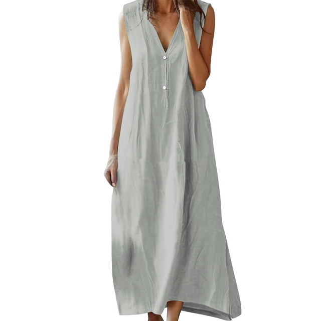 GreatBaby Robe Maxi pour Femme Sans Manches à Col en V, Décorative, Boutonnée devant, Aspect Lin, Coupe Ample, Couleur Unie, Légère, pour le Quotidien, Décontractée et les Journées Chaudes
