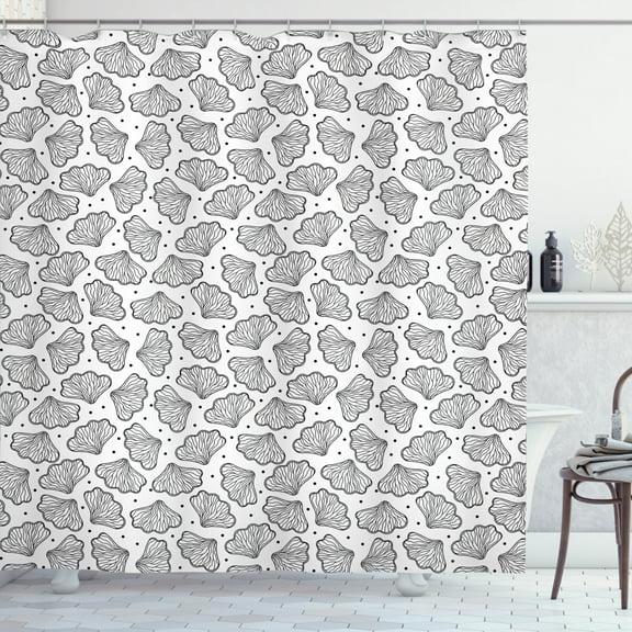 Nautical Shower Curtain, Repetitive Pattern Image of Striped Sea Shells on Dotted Background, Fabric Bathroom Set with Hooks, 69W X 70L Inches, White and Charcoal Grey, by Ambesonne