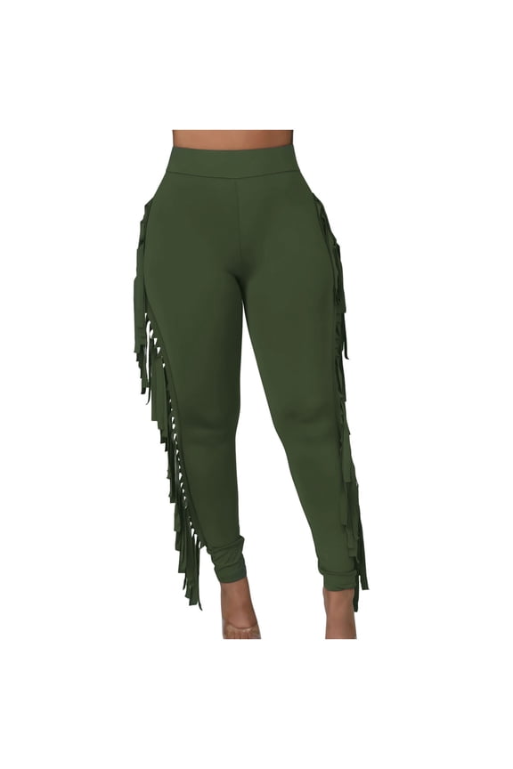 Htigea Women's Fringe Pants Elastic High Waisted Leggings Sparkly Tassels Side Skinny Pant Clubwear for Women Sale Army Green,XXL