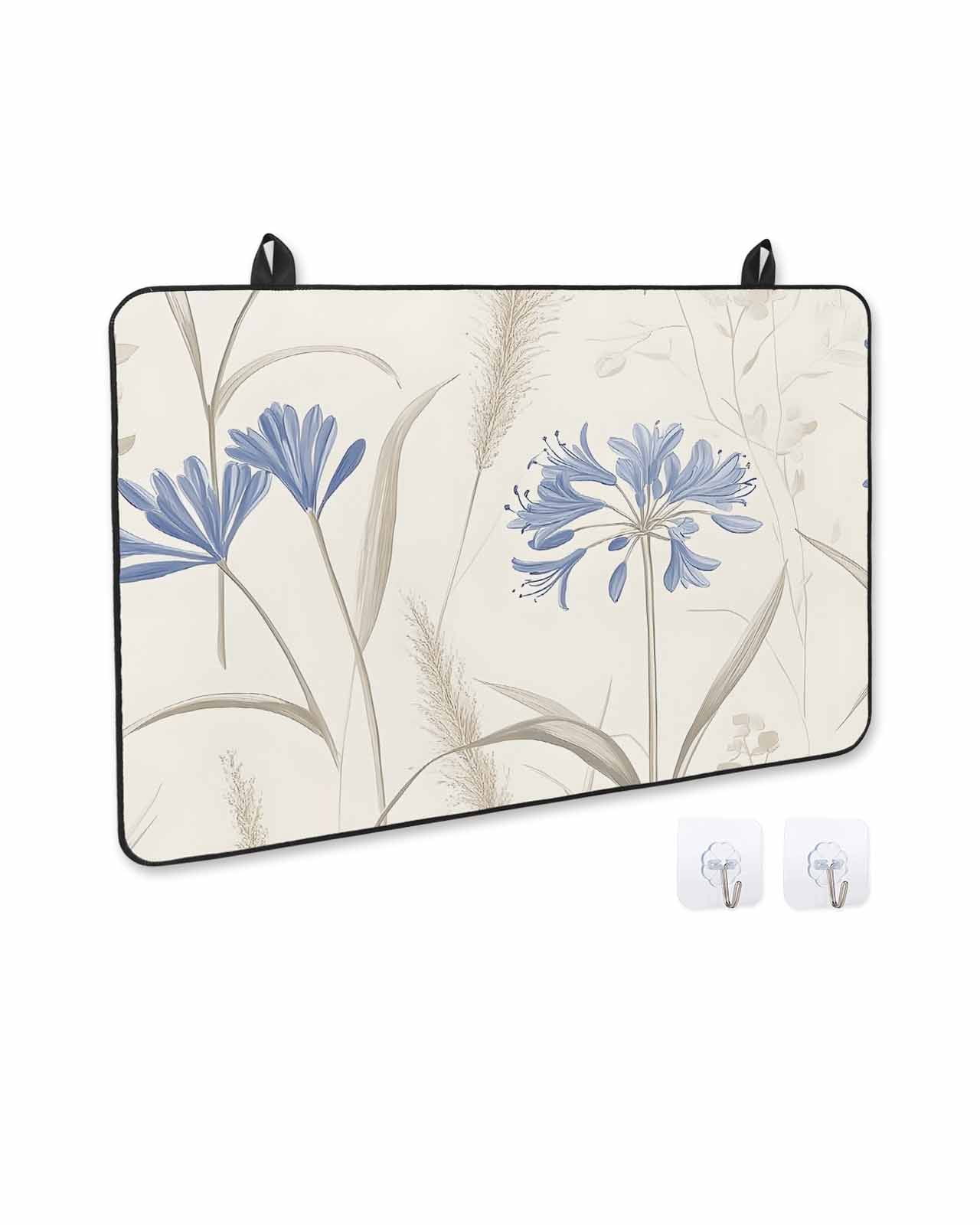 nqOlkjepod Large Induction Cooktop Protector Mat 36"x21", Blue Floral Botanical Stove Top Covers for Electric Stove, Rustic Beige Flowers Decorative Stove Burner Cover Mats, Glass Top Stove Cover