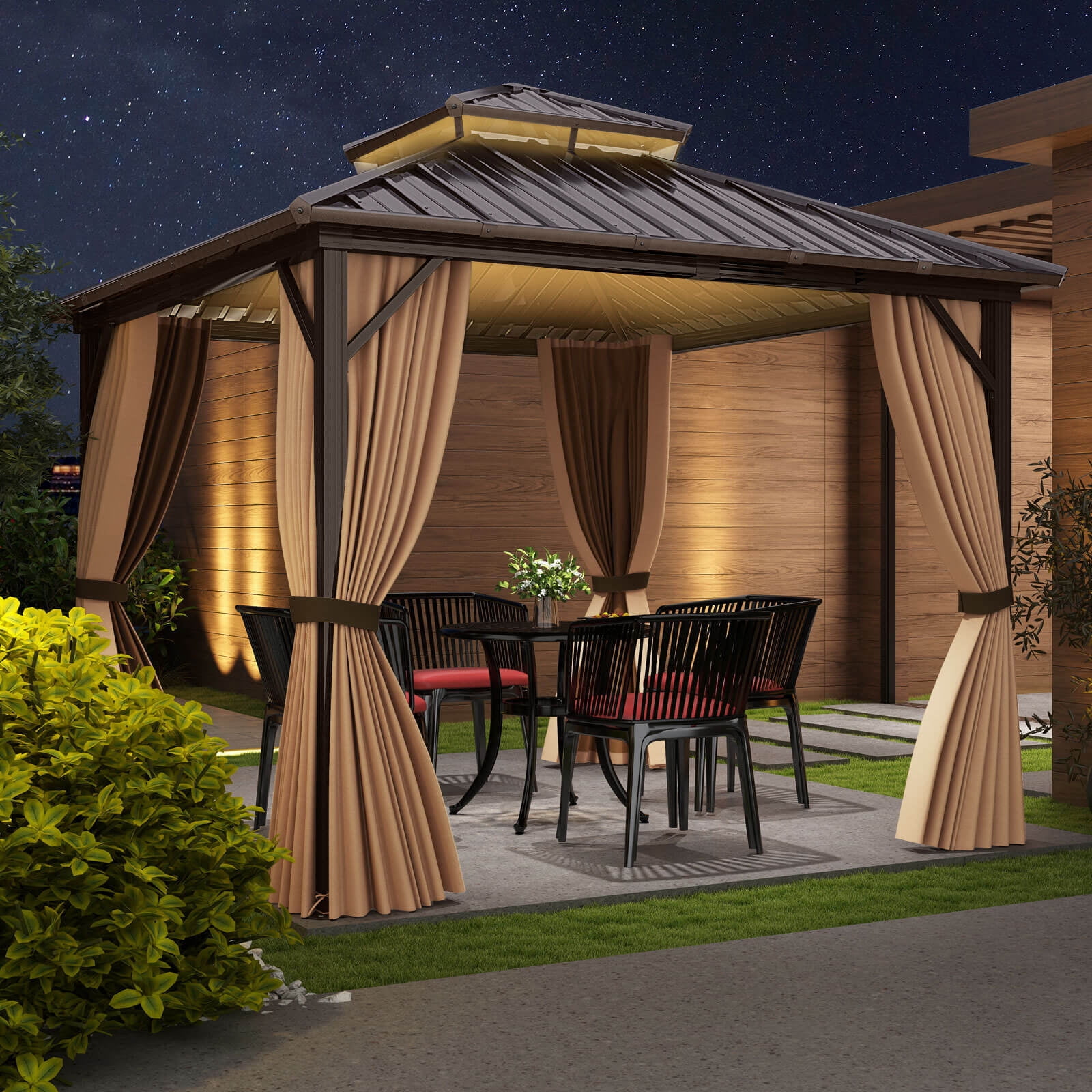 Costway 10 x 10 FT Hardtop Gazebo with Netting Heavy-Duty Double-Roof Galvanized Metal Top