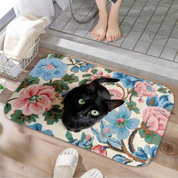 1pc Black Cat on Floral Fabric Absorbent Non-Slip Bathroom Thickened Flannel Rug Decor,Soft,Quick Drying,Suitable For Indoor/outdoor Use,Bathrooms,Bedrooms,Kitchens,Terrace,Laundry Rooms,16"x24"