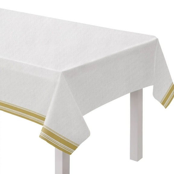 White with Gold Trim Airlaid Linen Like Banquet Tablecloth