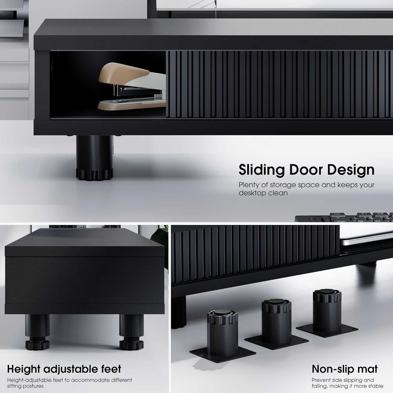 Dual Monitor Stand, 42.5inch Long Monitor Stands Riser for 2 Monitors, Sliding Door with Storage Organizer Stand for Desk, 2 Tier Desk Shelf for Laptop, Pc, Printer, Computer, TV