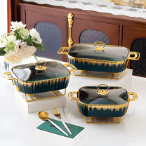 Elegant Ceramic Chafing Dish Set with Green with Gold Accents – 3-Piece Food Warmers for Parties, Buffet, and Dining – Stylish and Durable Serveware with Stands