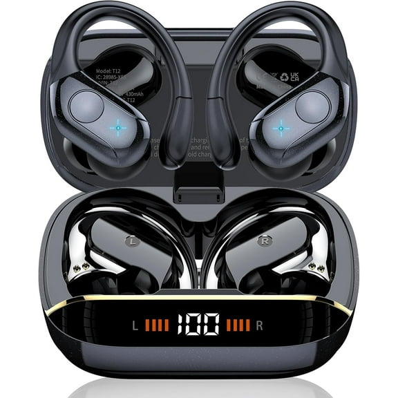 Wireless Earbuds Bluetooth 5.4 Headphones 75H Stereo Deep Bass Sports Over Ear Buds with Earhooks, LED Display Bluetooth Earbuds with 4 ENC Mic, IP7 Waterproof Earphone for Running, Black