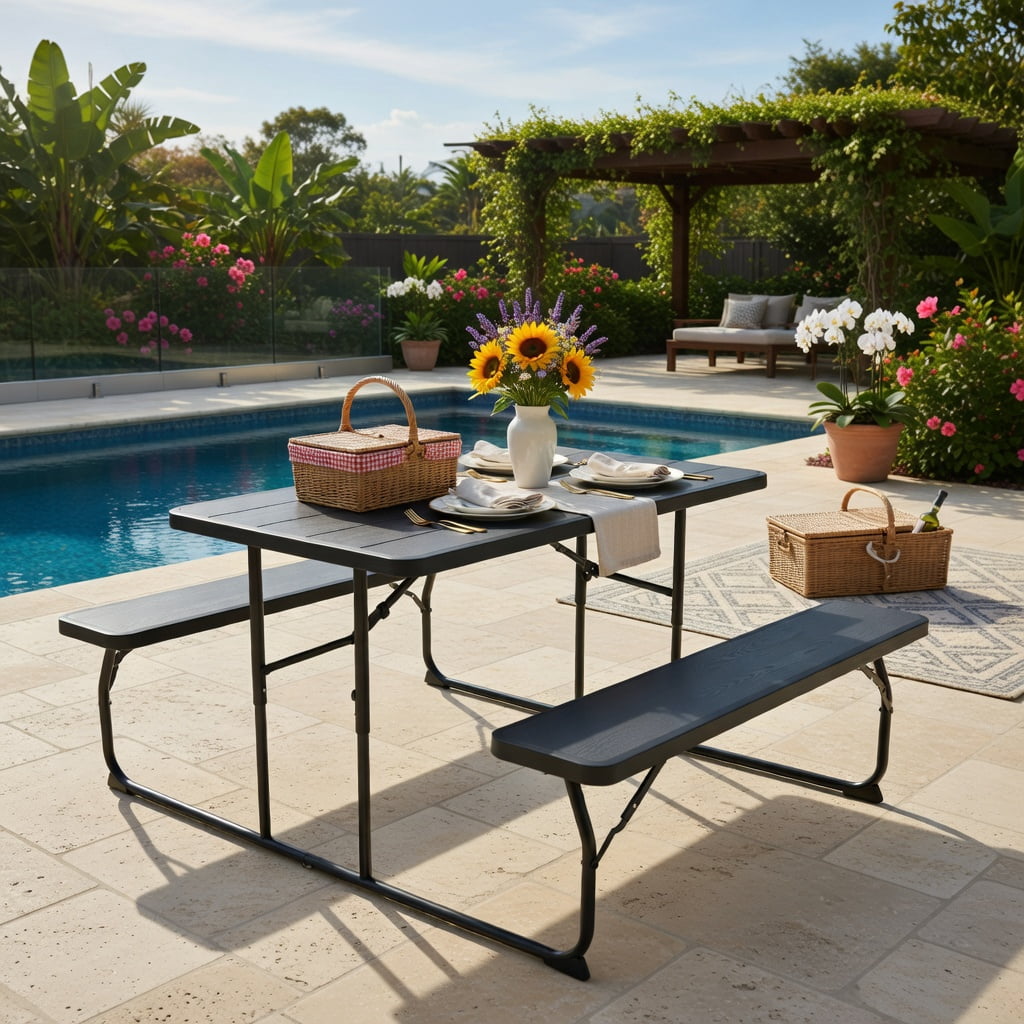 Hommoo Folding Outdoor Picnic Table & Bench Set, Steel Frame with Wood-Look HDPE Top, Heavy-Duty Folding Patio Table for Backyard, Camping, and Tailgating, Black