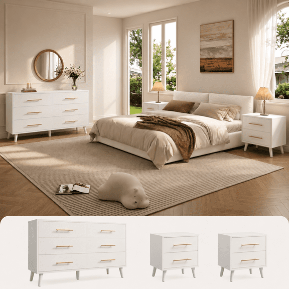 Noelse 3 Piece Bedroom Furniture Set, 6 Drawer Dresser with 2 Nightstands, Modern Wood Storage Organizer with Metal Handles for Bedroom, Living Room, White