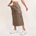 thumbnail image 4 of Women's Drawstring Waist Cargo Midi Skirt, Casual Solid Color Long Skirt with Pockets, Relaxed Fit Utility Skirt for Daily Outdoor Work Wear 04-Brown XL, 4 of 5