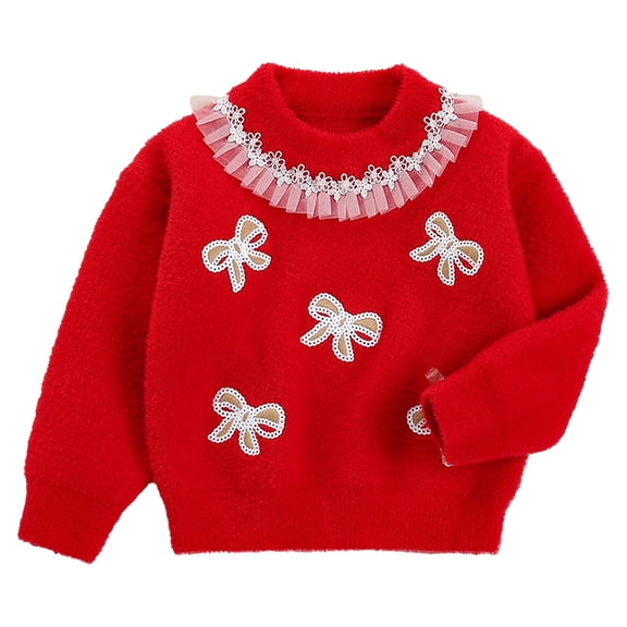 Posijego Toddler Girls Valentines Day Sweater Bowknot Long Sleeve Knit Crewneck Pullover Sweater Little Girl Tops