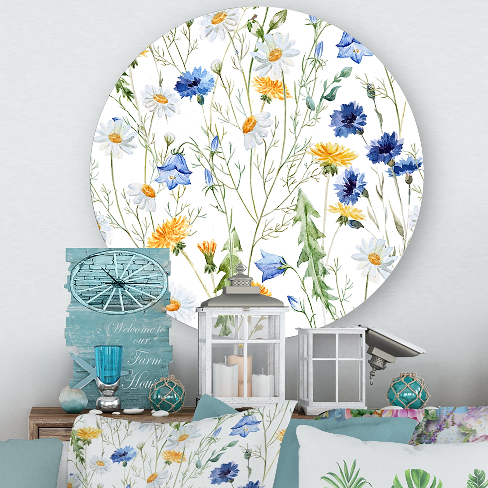 Designart 'Wildflowers Clover Bell and Chamomile II' Traditional Circle Metal Wall Art 23x23 - Disc of 23