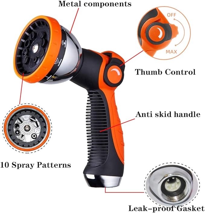 2-Pack Heavy Duty Metal Garden Hose Nozzle with Thumb Control, 10 Spray Patterns for Watering Plants, Car Washing, Pet Showering and Cleaning Orange