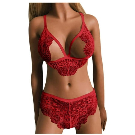 

BIZIZA 2 Piece Women Pajamas Set Bra and Panties Sexy Babydoll Lace Hollow Out V-Neck Lingerie Sets Red XL