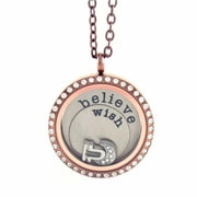 BG247 Stainless Steel Floating Locket Necklace with Choice of 6 Charms, 1 Plate, and Matching Chain (Chocolate Rhinestone Circle)