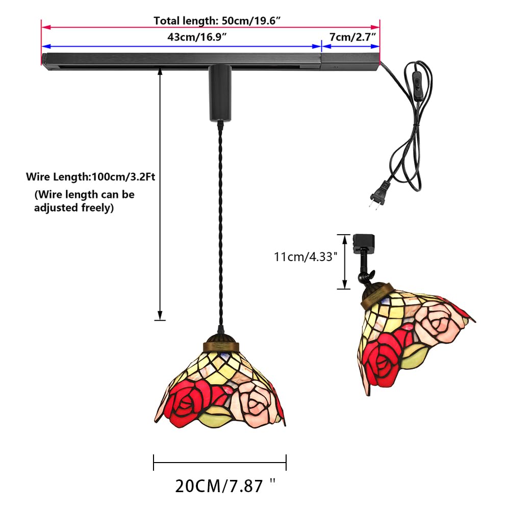 KAYYELAMP 1x Plug in Cable Track Rail, 1X Adjustable Cord, 1x Adjustable Angle Red Pink Rose Leaf Glass Shade Tiffany H-Type Track Lighting Fixture for Kitchen Loft(No Bulb)