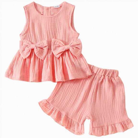 Caqnni Toddler Kids Girl Clothes 3-4 Years Toddler Girl Summer Clothes Baby Outfit Bows Ruffle Tank Tops Shirts   Ruffled Short Set Loungewear