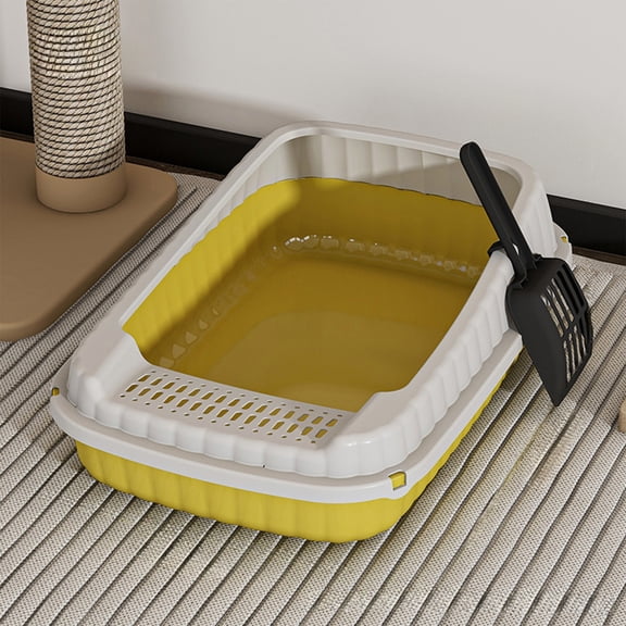 Extra Wide Open-Top Cat Litter Pan, High Wall Splash Guard Kitty Toilet Box with Hanging Litter Spade, Non-Slip PP Plastic Indoor Tray for Kittens and Large Cats, Yellow