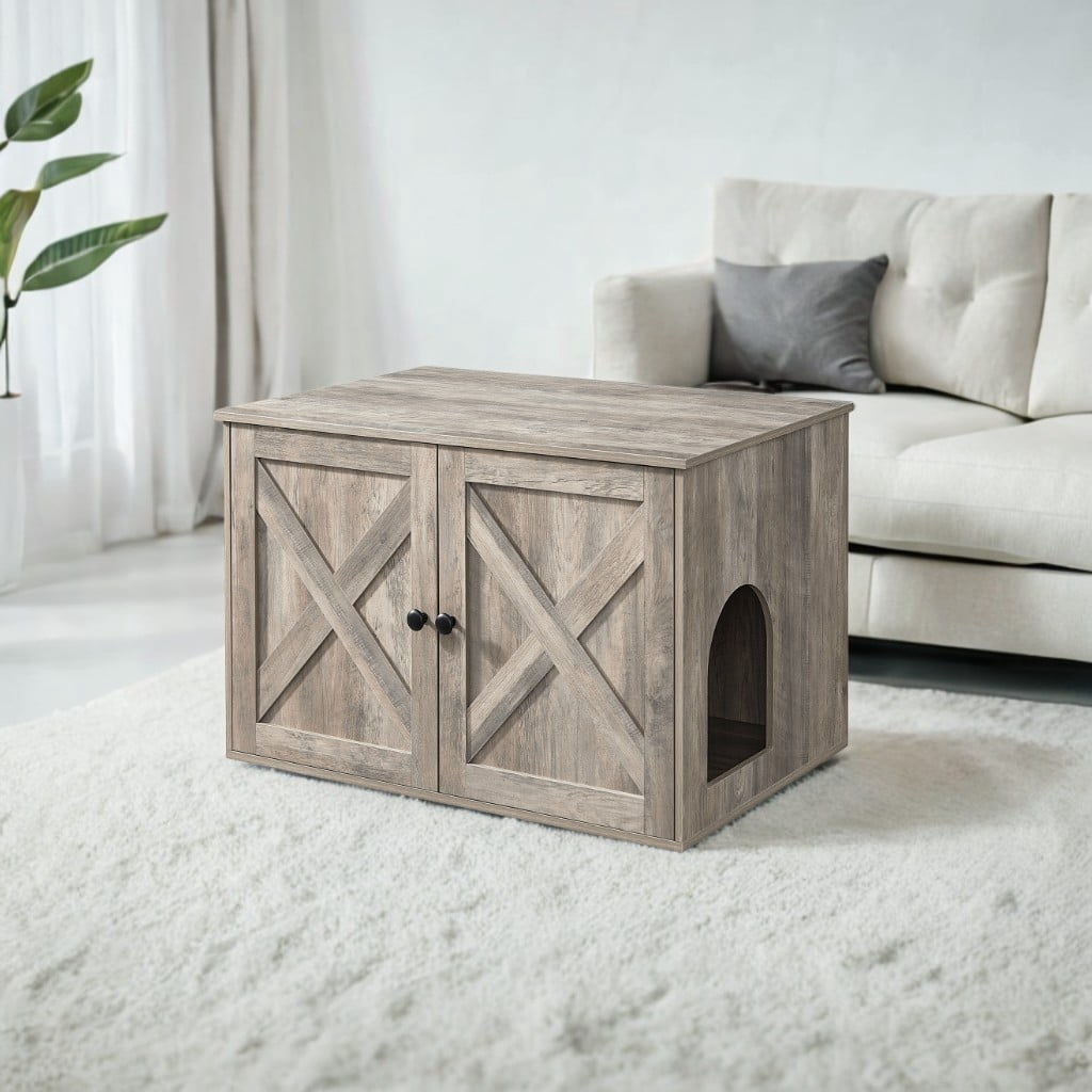 Heather Greige Cat Litter Box Enclosure. Doubles as indoor cat house & end table. Hidden design, sized 27.6 x 19.7 x 19.7 inches.