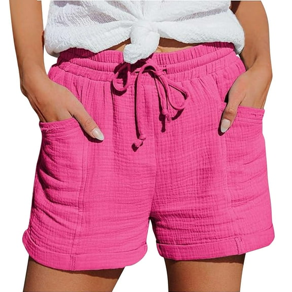 Wiueurtly Women's Cotton And Linen Drawstring Solid Color Summer Beach Casual Shorts with Pocket Hot Pink