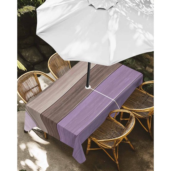 Outdoor Tablecloth with Umbrella Hole, Vintage Farmhouse Wood Grain Zippered Table Cloth for Rectangle Tables, Purple Brown Washable Waterproof Tablecloths for Picnic Patio Garden
