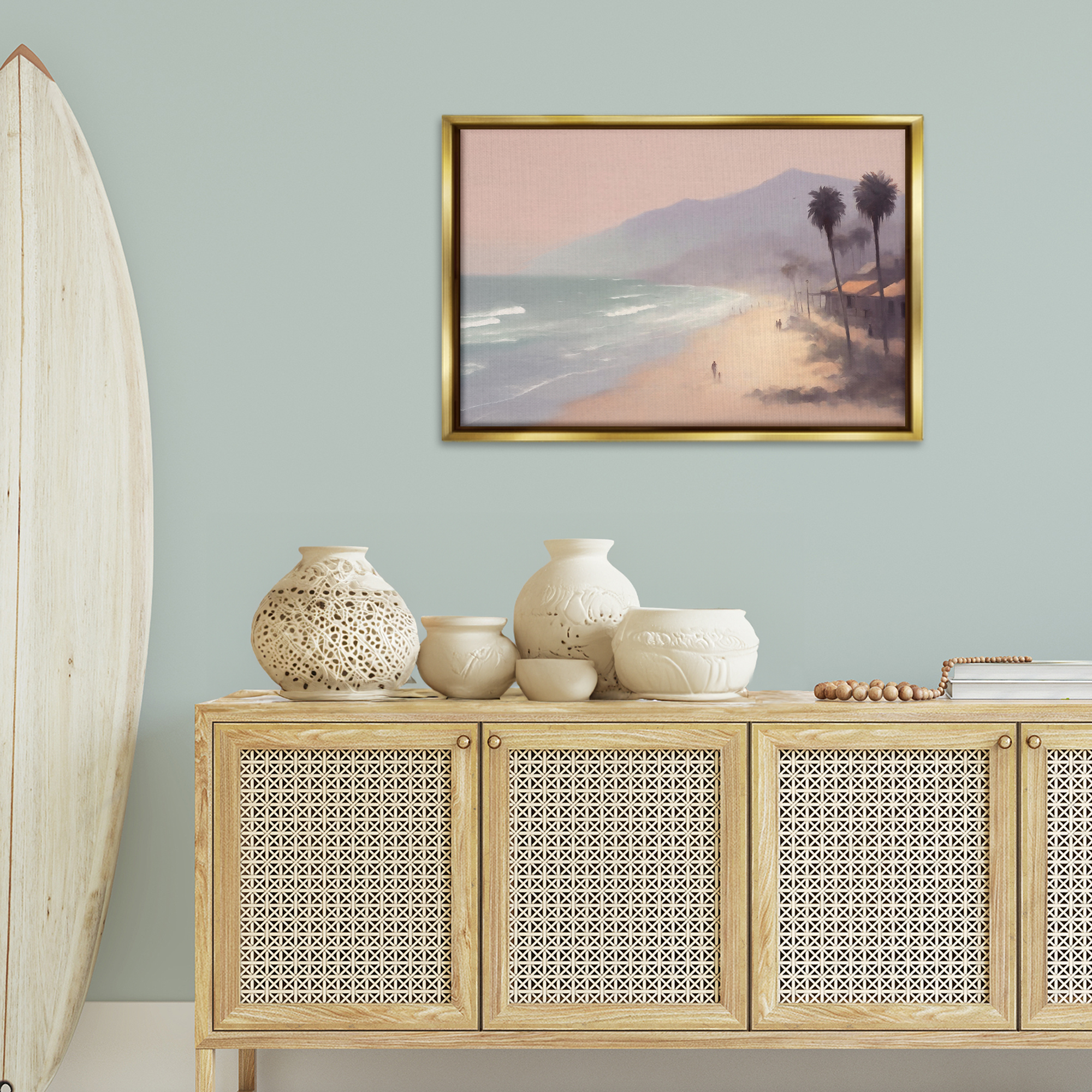 Stupell Industries Beachside Cabins View Landscape & Nature Painting Gold Floater Framed Canvas Art Print Wall Art, 31 x 21