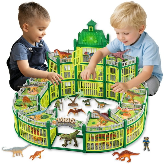 LINXUXIE 332PCS Dinosaur House Play Set with LED Light & Sound, Dinosaur Theme Park with 18 Realistic Dinos & Large Battle Cage, Dinosaur Toy for 1-3 3-5 5-8 Year Old