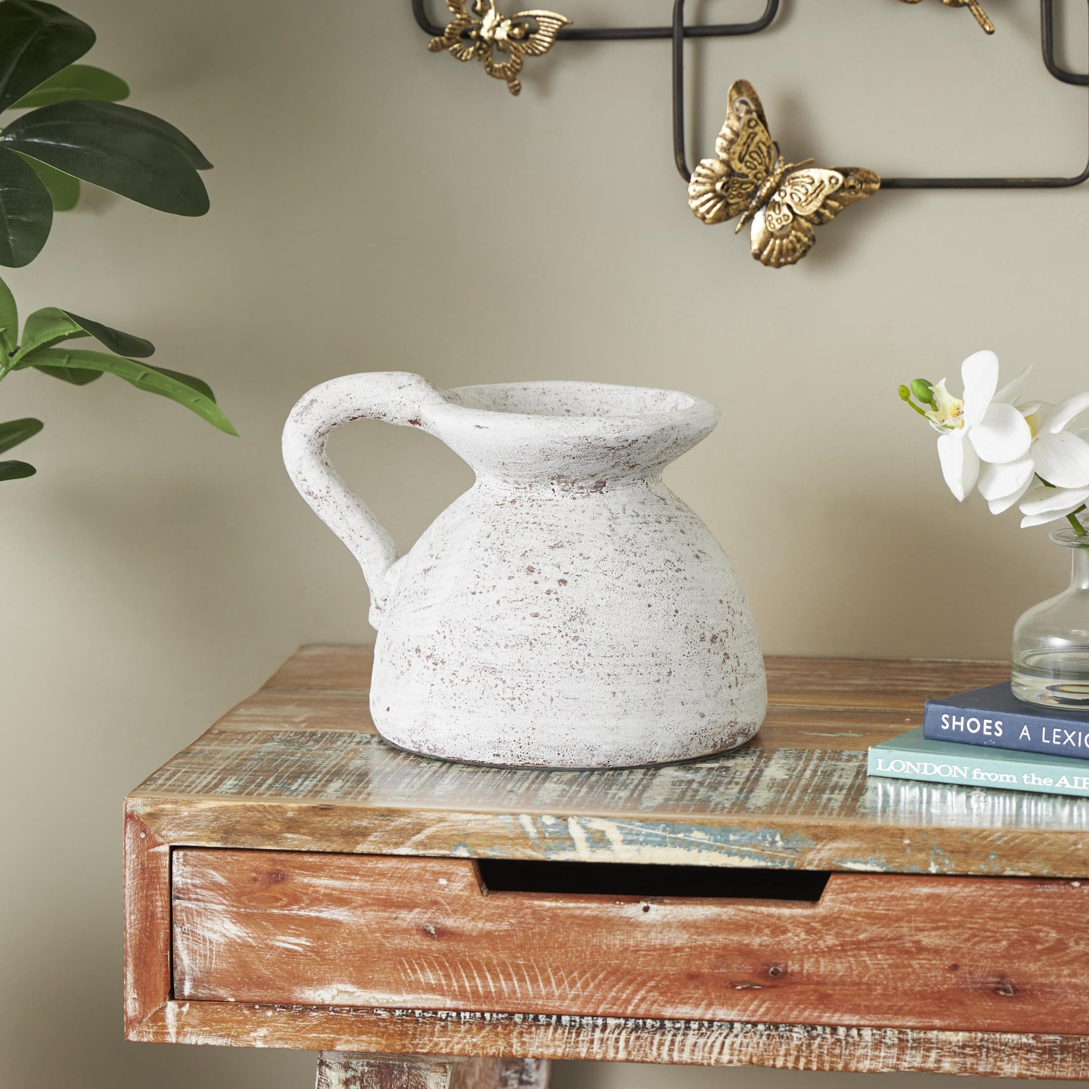 DecMode 9" Antique Style Textured Pot White Ceramic Vase with Handle