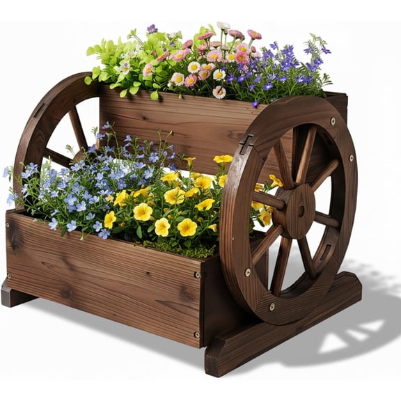 Cute Wooden Wagon Planter Box with Storage, for Flowers, Herbs, Vegetables - Patio, Balcony, Garden, Backyard - Indoor Outdoor Bench Cart 2 Tires (Carbonized)