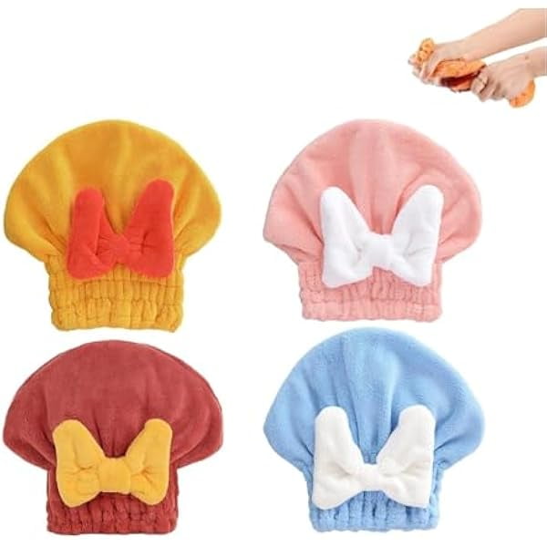 wonima11 Microfiber Hair Drying Caps, 2025 New Super Absorbent Hair Towel Wrap for Wet Hair, Shower Caps for Girls and Women with Cute Bowtie Design (Pink+Red+Blue+Yellow)
