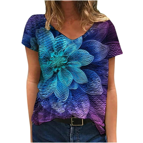 JINMGG Womens Tops Clearance under $5 Fashion Women V-neck Short Sleeve Floral Printed Casual Loose T-Shirt Top Blouse Purple M