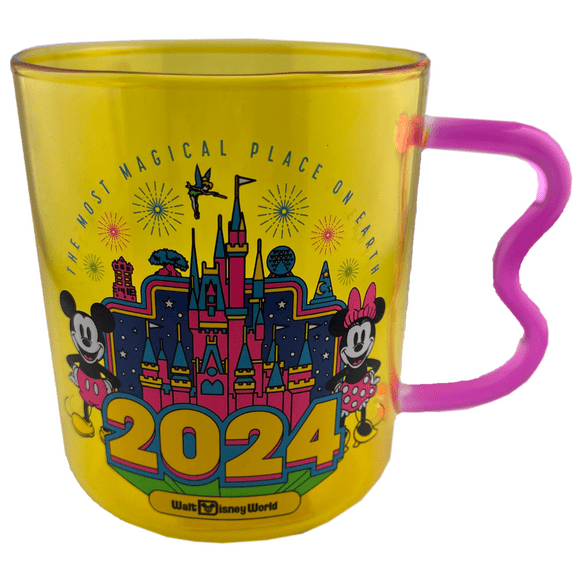 Disney 2024 Mickey and Minnie 12oz Glass Coffee Mug, Yellow/Pink