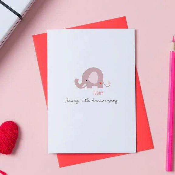 14th Anniversary Card with Cute Elephant Design – "Happy 14th Anniversary" – Ideal for Couples, Includes Envelope, Blank Inside for Personal Messages
